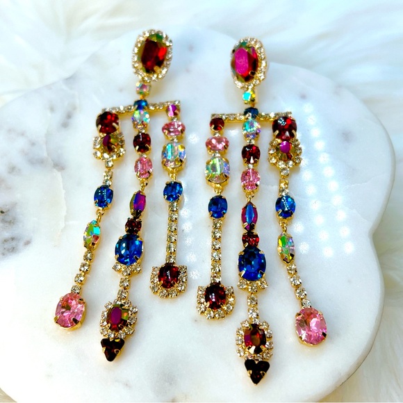 boutique Jewelry - Crystal chandelier earrings 🌟 blue pink red 4” lightweight